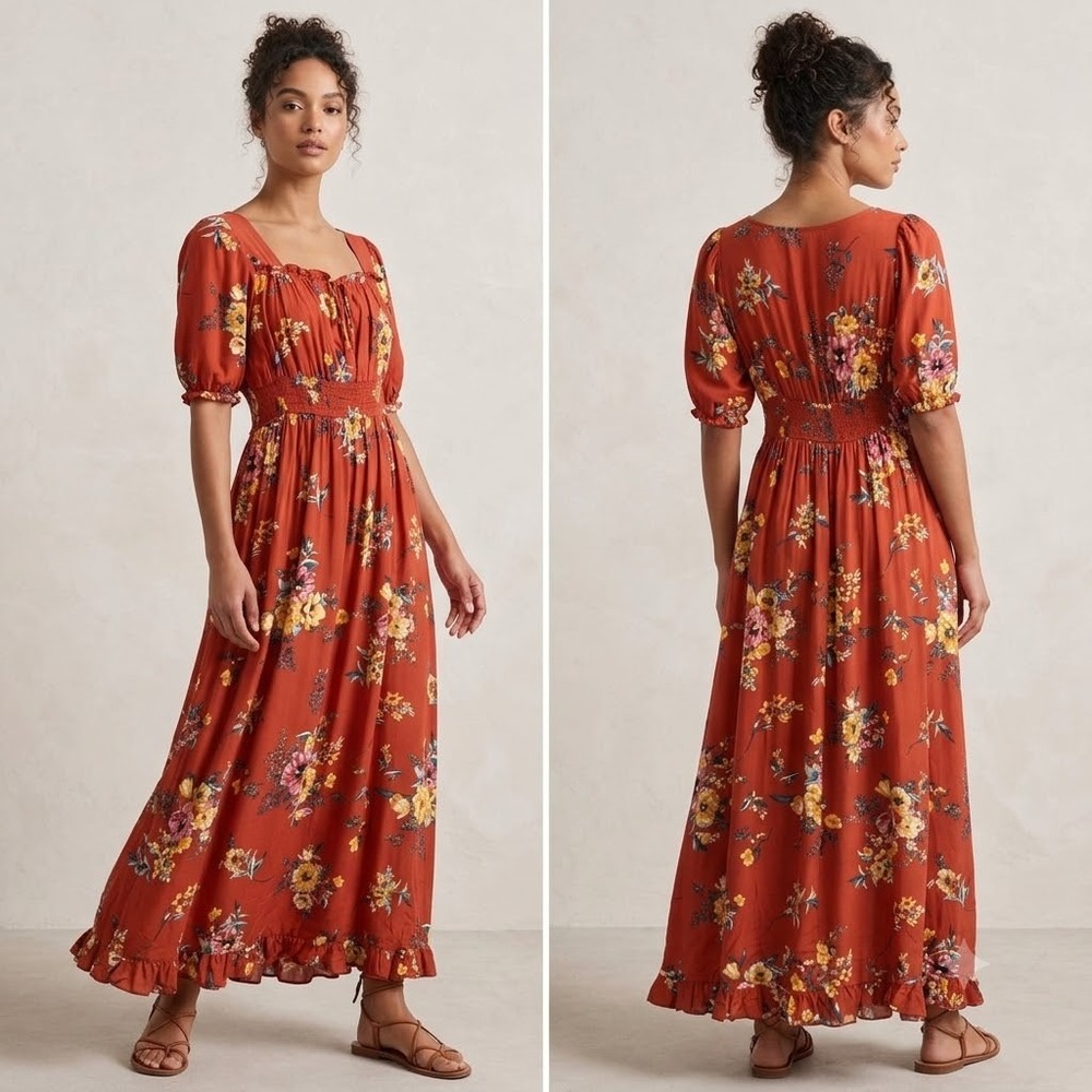 Haven Hearts Floral Maxi Dress Large L Terracotta Orange Smocked Boho Ruffle
